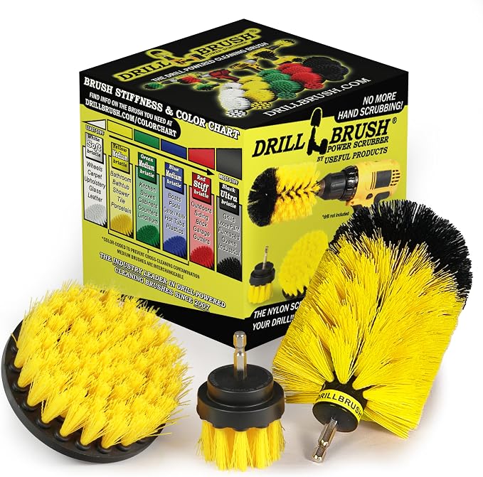 Drill Brush Yellow Bathroom Detailing Brush Set – Bathtub Shower Scrub Brush for Drill - Tile Grout Cleaning Tool - Shower Door Scrubber - Bath Tub Brush - House Cleaning Kit Spinning Scrub Brush