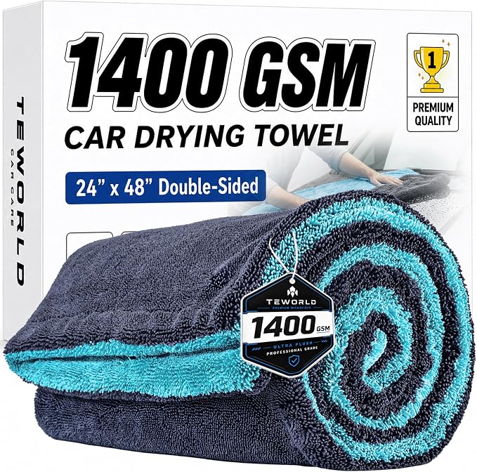 1400 GSM Car Drying Towels – XXL Microfiber Towels for Cars (48" x 24"), Ultra-Absorbent, Streak-Free, Scratch-Free, No Water Spots, Double-Twist Pile & Edgeless Design