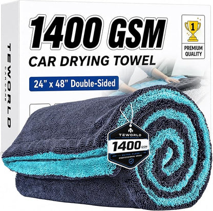 1400 GSM Car Drying Towels – XXL Microfiber Towels for Cars (48" x 24"), Ultra-Absorbent, Streak-Free, Scratch-Free, No Water Spots, Double-Twist Pile & Edgeless Design