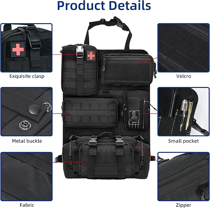 6 Pack Tactical Car Seat Back Organizer,Backseat Organizer with 5 Detachable Molle Pouches,Molle Panel Organizer Fits for Vehicel Such as Jeep,Truck,SUV, Car(Black)