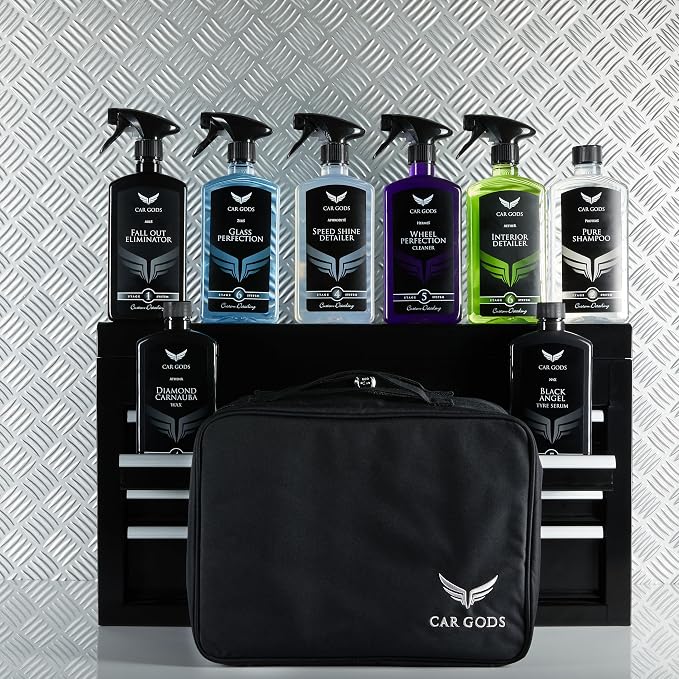 Car Gods 8 Piece Car Cleaning Detailing Kit - Shampoo - Carnauba Wax - Wheel Cleaner - Shine Detailer - Fallout Eliminator - Tyre Serum - Interior Detailer - Glass Cleaner