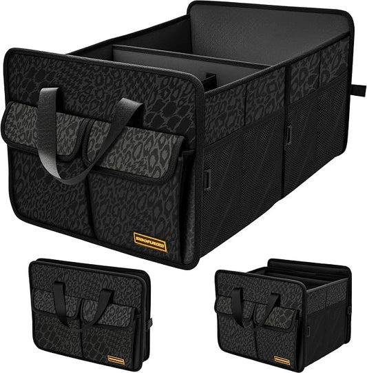 SIBOFUEGO Sturdy Car Trunk Organizer – Large Capacity Trunk Organizer for SUVs & Sedans, Hard-Shell One-Piece Design with Cute Print, Collapsible and Durable Car Organizers (Black Leopard 70L)