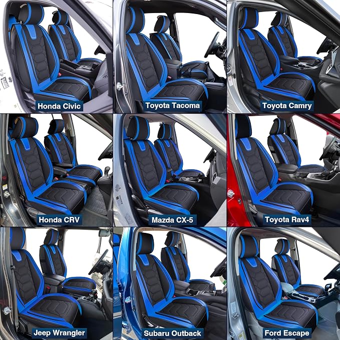 OASIS AUTO Car Seat Covers Front Seats, Sporty Honeycomb Waterproof Faux Leather Protectors, Universal Fit for SUV, Sedan, Truck Interior Accessories (OS-004 Black&Blue)