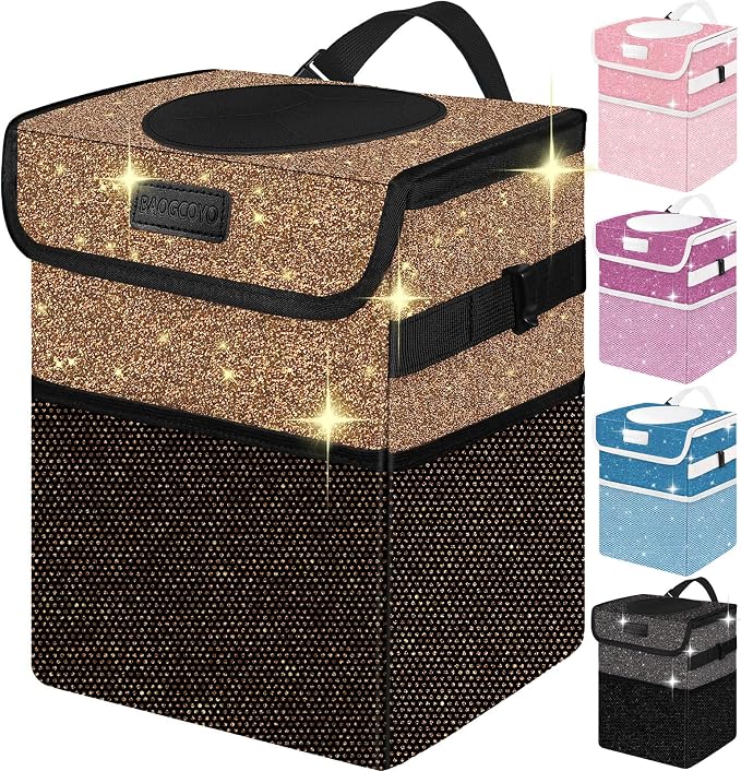 Cute Mini Car Trash Bag with Lid, Glitter Garbage Can Bin Hanging for Back/Front Seat/Console, Waterproof, Leakproof, 2.5 Gallon, Brown Bling Sparkly