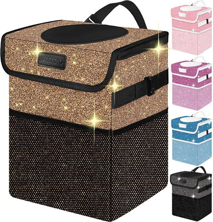 Cute Mini Car Trash Bag with Lid, Glitter Garbage Can Bin Hanging for Back/Front Seat/Console, Waterproof, Leakproof, 2.5 Gallon, Brown Bling Sparkly