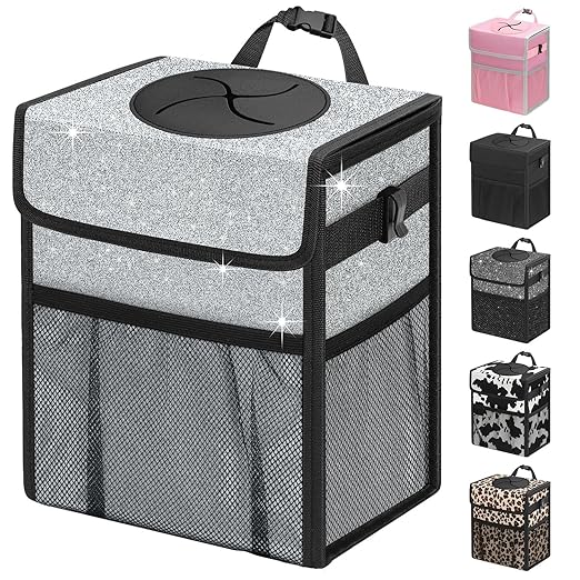 Capolo Car Trash Can with Lid, Leakproof Car Trash Bag Hanging Waterproof Automotive Garbage Can with Storage Pockets Mini Vehicle Trash Bin for Back/Front Seat(Silver Glitter,2.5 Gallon)