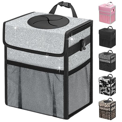 Capolo Car Trash Can with Lid, Leakproof Car Trash Bag Hanging Waterproof Automotive Garbage Can with Storage Pockets Mini Vehicle Trash Bin for Back/Front Seat(Silver Glitter,2.5 Gallon)