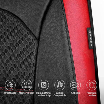 CAR PASS Memory Foam Leather Seat Covers,Air Cool Mesh Thick Car Seat Covers Front Seats Red Leather Seat Covers for Cars Universal for SUVs Trucks,Airbag Compatible Comfort Durable,Black Red Metal