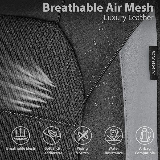 CAR PASS Leather Car Seat Covers Front Seats only, with Air Mesh Front Seat Covers Breathable, Cool Automotive Seat Covers 2 Pack, Universal Fit Most Cars,SUV,Truck,Van Airbag Compatible(Black Gray)