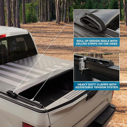 MotorBox Soft Roll-Up Truck Tonneau Cover for Chevy Silverado 1500 / GMC Sierra 1500 (2014-2018) with 6.6 ft Bed Length, All-Weather Retractable Truck Bed Cover with Black Flag Graphic