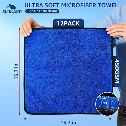 SMINDER 12-Pack Microfiber Cleaning Cloth, Car Drying Towels Car Detailing– XL Microfiber Towels for Cars, Trucks (15.7" x 15.7"), Ultra-Absorbent, Streak-Free, Scratch-Free, No Water Spots