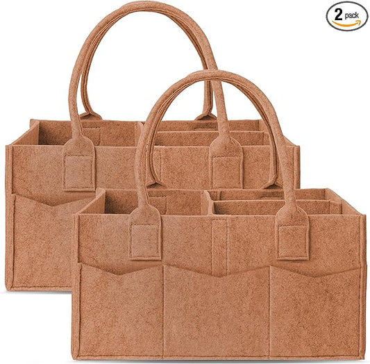 Cute Castle 2 Pack Diaper Caddy Organizer - Portable Baby Caddy Organizer with Handle, Nursery Storage Bin and Car Organizer for Girls, Boys - Baby Gift Basket - Caramel, Large