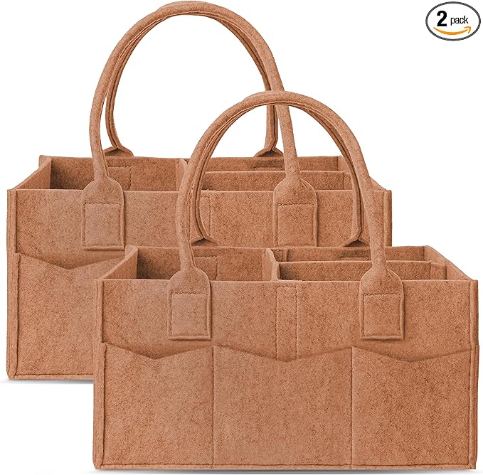 Cute Castle 2 Pack Diaper Caddy Organizer - Portable Baby Caddy Organizer with Handle, Nursery Storage Bin and Car Organizer for Girls, Boys - Baby Gift Basket - Caramel