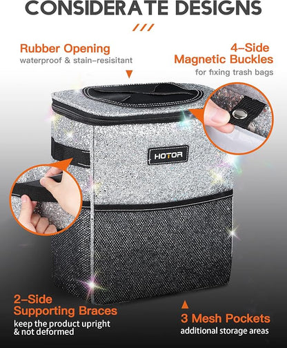 HOTOR Car Trash Can with Lid and Storage Pockets - 100% Leak-Proof Organizer, Waterproof Garbage Can, Multipurpose Trash Bin for Car, 2 Gallons, Sparkle White