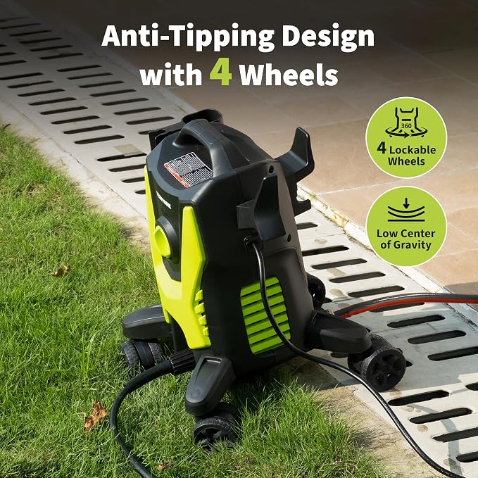Yeryork Pressure Washer, 3000 PSI Power Washer with 4 Lockable Wheels, Stainless Steel Lance, 4 Quick Connect Nozzles, 500ml Foam Cannon for Car/Decks/Driveways/Patios (Fluorescent Green)