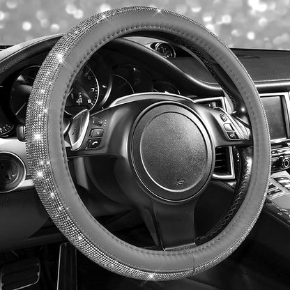 CAR PASS Bling Diamond Leather Steering Wheel Cover, with Bling Sparkly Crystal Glitter Rhinestones Universal Fit 14" 1/2-15" Car Wheel Protector for Women Girl Fit Suvs,Vans,Sedans,Cars,Trucks, Gray