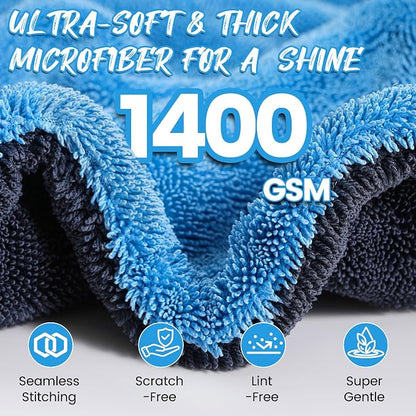 PUGPIU Car Drying Towel - 1400GSM Extra Large Super Absorbent Microfiber Towels for Cars 24"x36" - Large Edgeless with Twisted Loop, Lint-Free & Streak-Free for Auto Detailing, SUV, Truck (Blue)