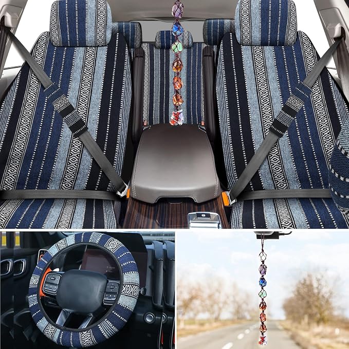 Frienda Baja Saddle Blanket Car Seat Covers Full Set Multicolor Stripe Boho Steering Wheel Cover Seat Belt Pads Crystal Hanging Ornament Automotive Interior Universal Fit Most Cars (Retro Style)