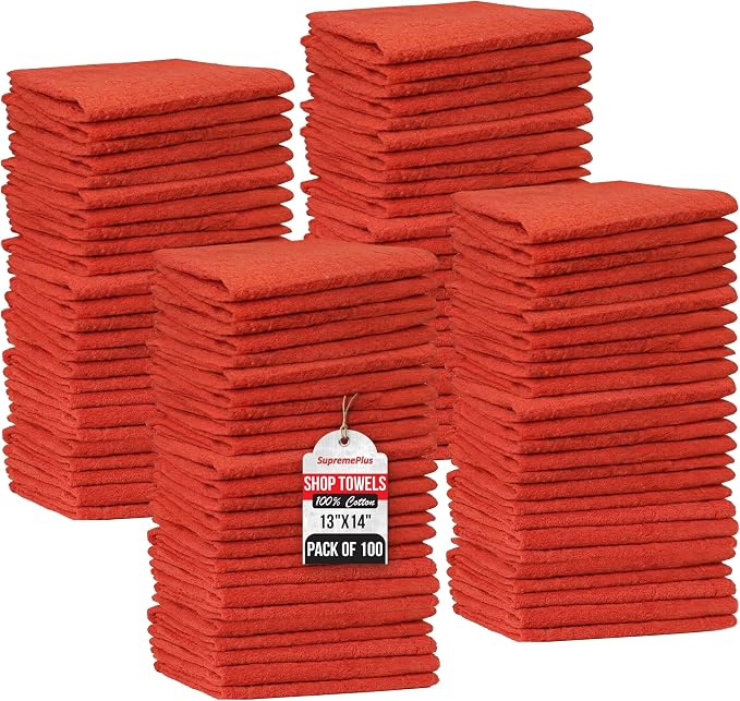 Shop Towels (Red, 100-Pack) - Bulk Cleaning Towel in a Bag, Mechanic Cotton Wipes for Car Maintenance, Auto Mechanics & Garage, Wipe Grease & Oil, Machine Wash & Reusable