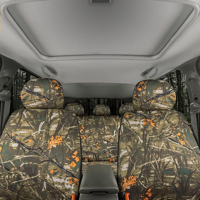 BDK Hunter Camo Car Seat Covers Full Set with Camo Steering Wheel Cover and Seat Belt Cover Pad – Forest Camouflage Pattern, Automotive Front Seat & Bench Back Seat Cover for Cars Trucks SUV