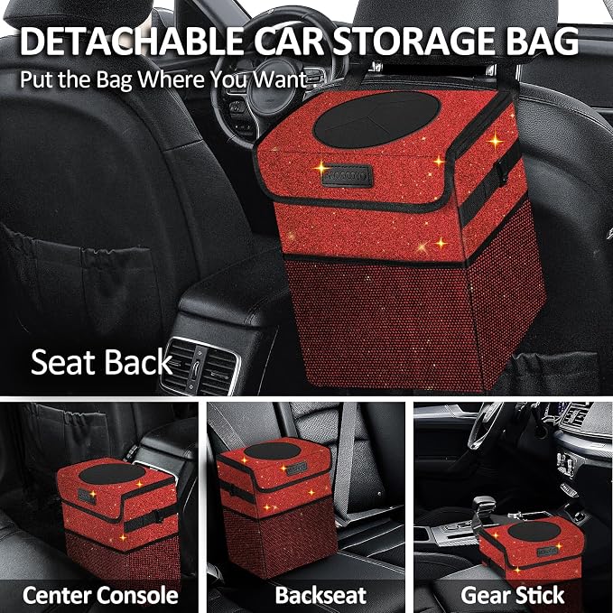 Car Trash Can, Cute Mini Trash Bag With Lid, Glitter Garbage Bin Hanging for Back/Front Seat/Console, Waterproof, Leakproof, 2.5 Gallon, Red Bling Sparkly