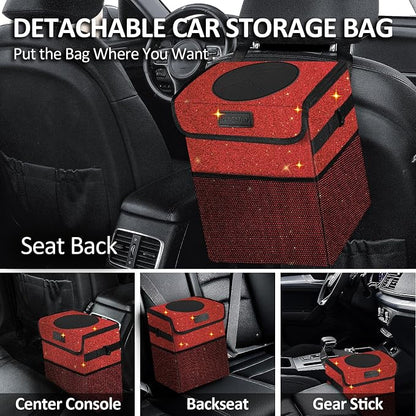 Car Trash Can, Cute Mini Trash Bag With Lid, Glitter Garbage Bin Hanging for Back/Front Seat/Console, Waterproof, Leakproof, 2.5 Gallon, Red Bling Sparkly