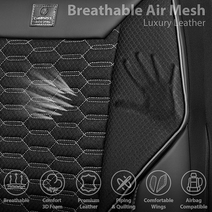 CAR PASS 3D Foam Mesh Leather Car Seat Covers Front Seats, Air Cool Mesh Front Seat Covers for Car, Universal Fit for SUV Truck Sedan Automotive, Armrest Airbag Compatible, Black and Gray