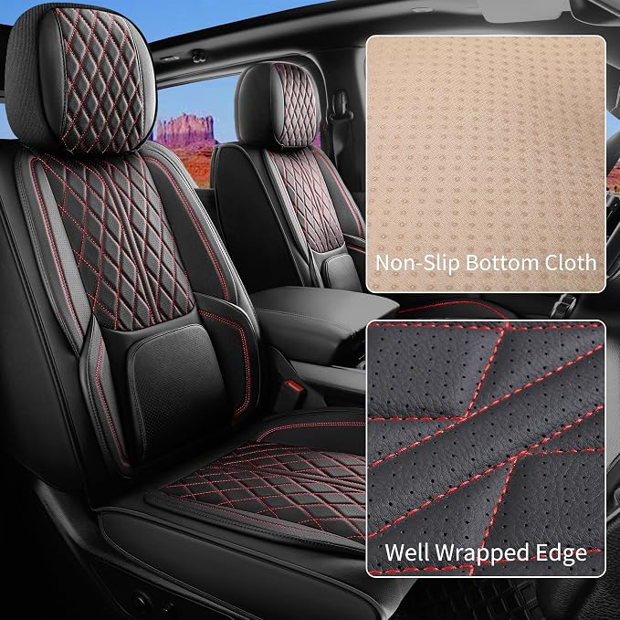 Custom Fit Chevy Silverado GMC Sierra 1500 2007-2026 2500/3500 HD Crew Cab Full Set Car Seat Covers - 5 Pack, Premium Faux Leather Truck Seat Protector with Airbag Compatible Design, BlackRedLine