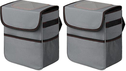 HealSmart 2 Gallon Car Trash Can Lid and Storage Pockets, Leak-Proof Collapsible and Portable Organizer, Multipurpose Garbage Bin with Adjustable Straps, Grey (Pack of 2)