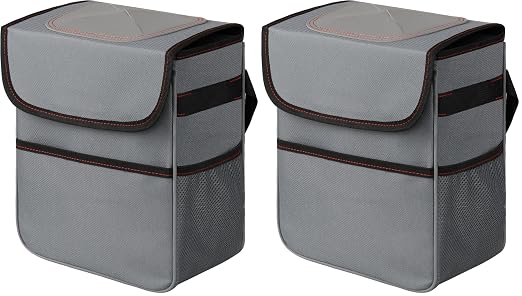 HealSmart 2 Gallon Car Trash Can Lid and Storage Pockets, Leak-Proof Collapsible and Portable Organizer, Multipurpose Garbage Bin with Adjustable Straps, Grey (Pack of 2)
