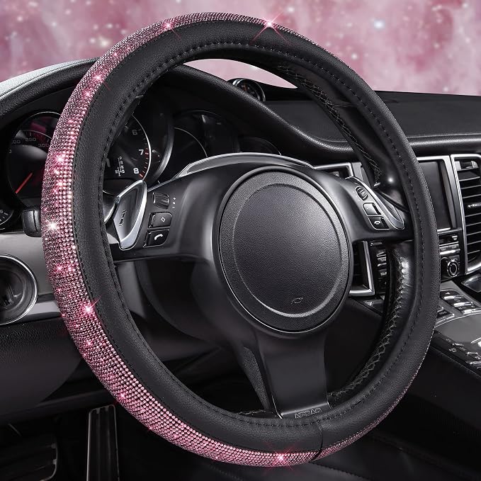 CAR PASS Bling Diamond Leather Steering Wheel Cover, Bling Sparkly Crystal Glitter Rhinestones Universal Fit 14" 1/2-15" Car Wheel Protect for Women Girl Fit Suvs,Vans,Sedans,Cars,Trucks, Pink Black
