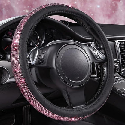 CAR PASS Bling Diamond Leather Steering Wheel Cover, Bling Sparkly Crystal Glitter Rhinestones Universal Fit 14" 1/2-15" Car Wheel Protect for Women Girl Fit Suvs,Vans,Sedans,Cars,Trucks, Pink Black