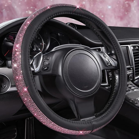 CAR PASS Bling Diamond Leather Steering Wheel Cover, Bling Sparkly Crystal Glitter Rhinestones Universal Fit 14" 1/2-15" Car Wheel Protect for Women Girl Fit Suvs,Vans,Sedans,Cars,Trucks, Pink Black