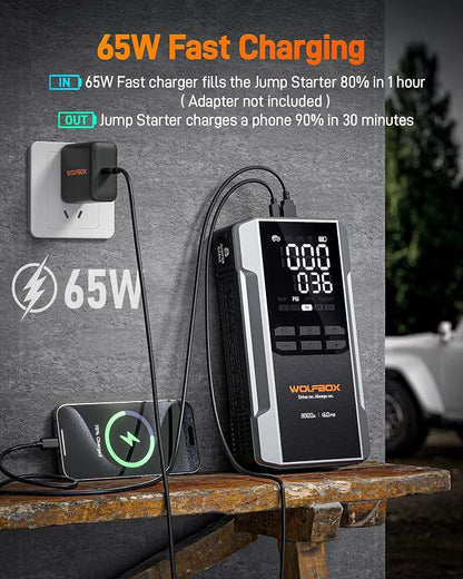 WOLFBOX MV16A 3000A Jump Starter with Air Compressor, 59.2Wh&160PSI Portable Car Battery Jump Starter with 65W Fast Charging, 12V Battery Pack (8L Gas 6L Diesel) with Boost, Light and Jumper Cables