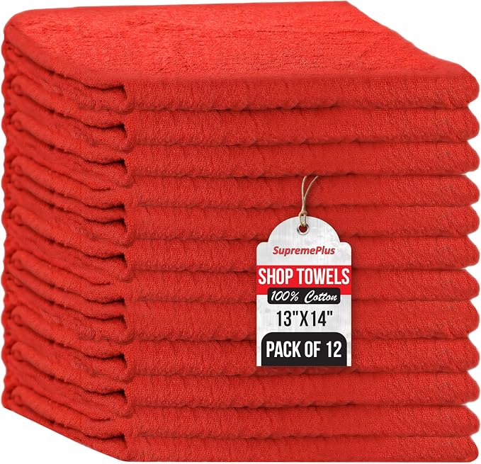 Auto Mechanic Shop Towels (13"x14"), 12 Pack Red - 100% Cotton Commercial Grade Rags for Cleaning & Maintenance, Garage Supplies - Professional Mechanics Reusable Wipes