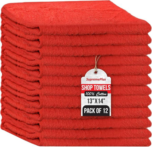 Auto Mechanic Shop Towels (13"x14"), 12 Pack Red - 100% Cotton Commercial Grade Rags for Cleaning & Maintenance, Garage Supplies - Professional Mechanics Reusable Wipes