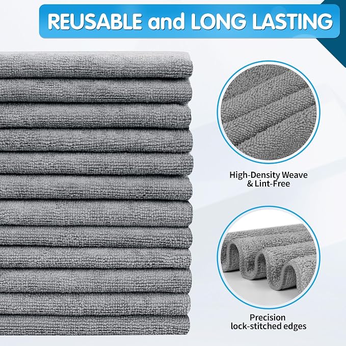 FIXSMITH Grey Microfiber Cleaning Cloth -Pack of 12, Highly Absorbent Cleaning Rags, 16"X12" All Purpose Cleaning Towels for Housekeeping, Kitchen, Car, Lint Free and Reusable Microfiber Towels