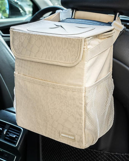 SIBOFUEGO Car Trash Can - Cute Multifunctional Interior Car Accessory for Women, Organizer and Storage with Adjustable Straps, 2 Gallons (Leopard Print Beige)
