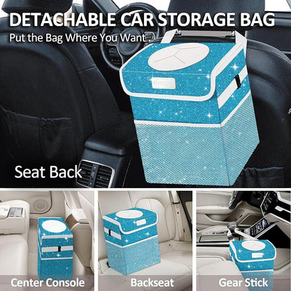 Car Trash Can for Car, Cute Mini Car Trash Bag with Lid, Glitter Car Garbage Can Bin Hanging for Back/Front Seat/Console, Waterproof, Leakproof, 2.5 Gallon, Blue Bling Sparkly