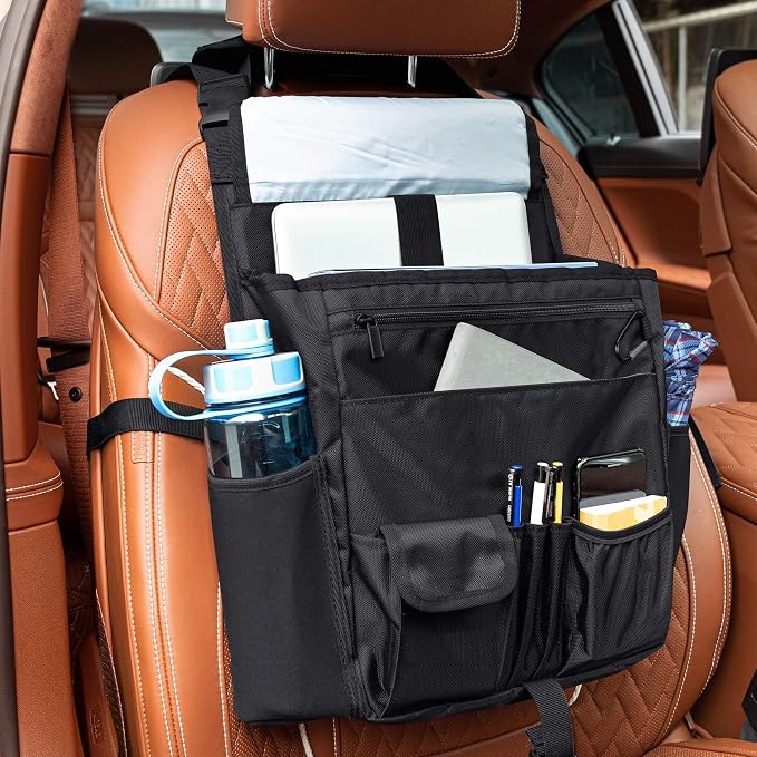 LUXJA Car Front Seat Organizer with Cover and Laptop Sleeve, Car Seat Organizer with Back Adjustable Straps, Black