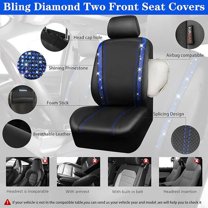 CAR PASS Bling Diamond Car Seat Covers Blue Rhinestone Black Leather Shining Car Floor Mats Carpet with Anti-Slip Nibs Shining Car Accessories Sets Glitter Sparkly Crystal Universal Fit for Girl Women