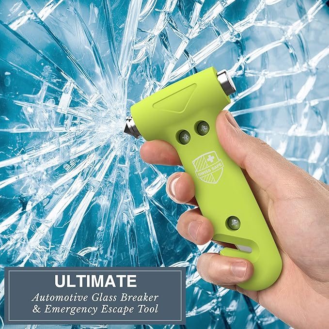 Swiss Safe Durable 5-1 Car Safety Hammer Window Breaker Breaker Tool w/Seatbelt Cutter - Emergency Escape Glass Hammer - Truck, Car Safety Essentials & Accessories - Glow, 2 Pack