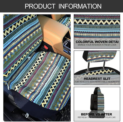 Frienda 14 Pcs Baja Car Seat Covers Full Set Multicolor Stripe Boho Print Steering Wheel Cover Seat Belt Cover Crystal Hanging Ornament Car Holders Fits (Bohemia Style)