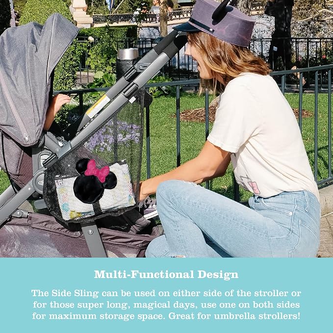J.L. Childress Disney Baby Side Sling Stroller Cargo Net - Stroller Organizer Attachment for Storage, Mesh Bag for Baby Accessories, Universal Fit - Minnie Mouse