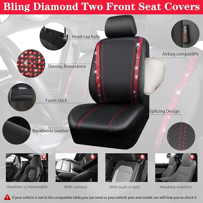 CAR PASS Rhinestone Red Bling Diamond Car Seat Covers Leather Black & Shining Car Floor mats Carpet with Anti-Slip Nibs& Bling Diamond Car Accessories Sets Glitter Sparkly Universal fit for 95% car