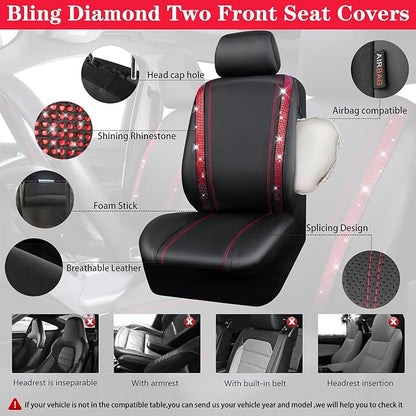 CAR PASS Rhinestone Red Bling Diamond Car Seat Covers Leather Black & Shining Car Floor mats Carpet with Anti-Slip Nibs& Bling Diamond Car Accessories Sets Glitter Sparkly Universal fit for 95% car