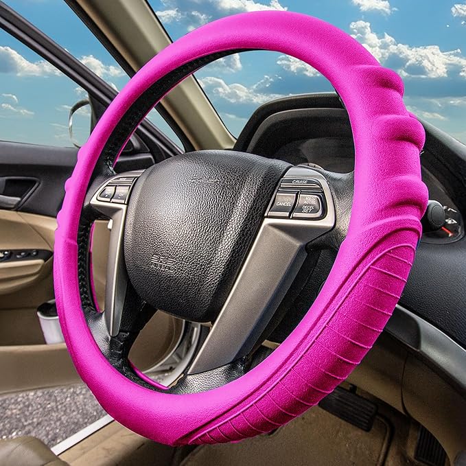 FH Group Universal Fit Silicone with Grip and Pattern Massaging Grip Steering Wheel Cover Fits Most Cars, SUVs, Trucks, and Vans Hot Pink