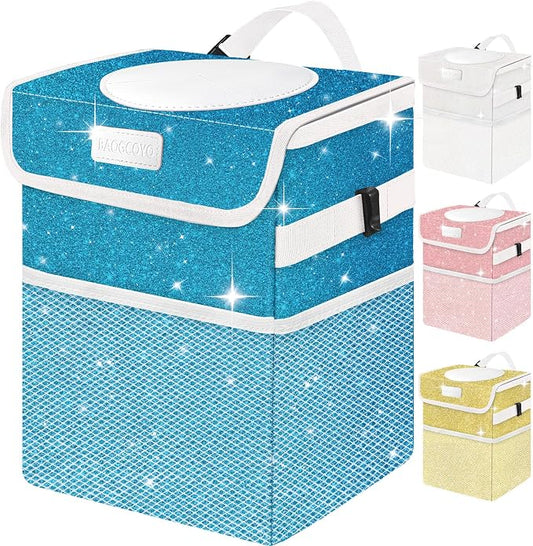 Car Trash Can for Car, Cute Mini Car Trash Bag with Lid, Glitter Car Garbage Can Bin Hanging for Back/Front Seat/Console, Waterproof, Leakproof, 2.5 Gallon, Blue Bling Sparkly