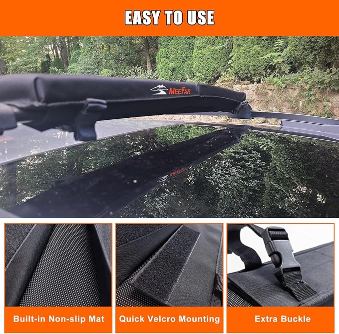 MeeFar Universal Car Soft Roof Rack Pads Luggage Carrier Rack for Kayak Surfboard SUP Canoe Include 2 Heavy Duty Tie Down Straps, 2 Tie Down Rope, 2 Quick Loop Strap