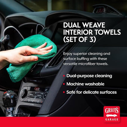 Griot's Garage Dual Weave Interior Towels for Car Detailing, Cleaning, and Polishing, Ultra-Absorbent, Scratch and Lint-Free, 16” x 16”, Set of 3, 10282